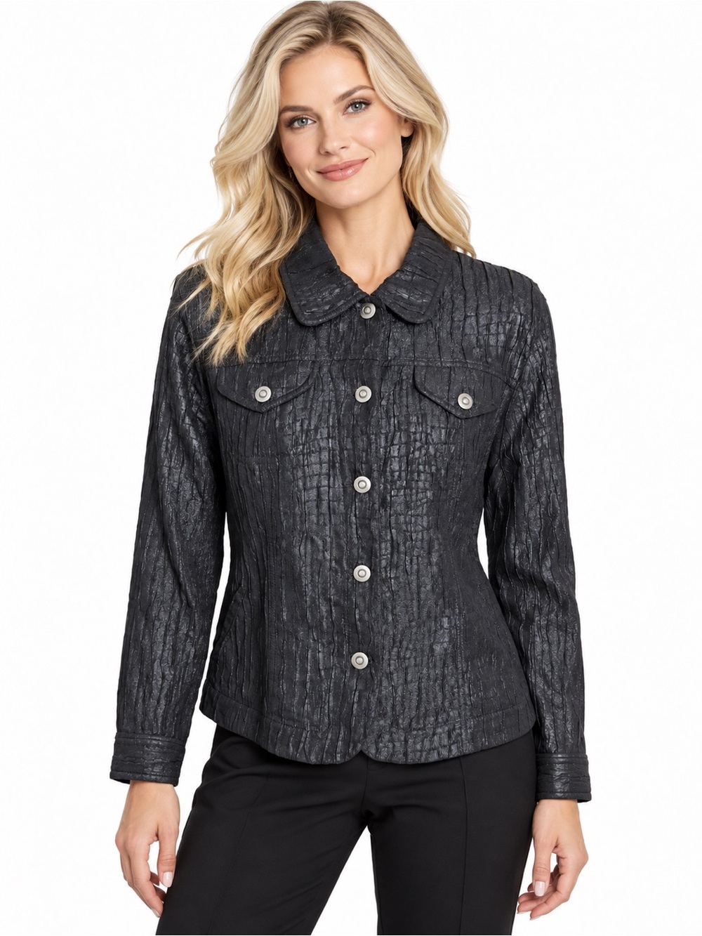 Ruby Rd Jacket Womens Size 16 Black Metallic Crinkle Button Front Long Sleeve